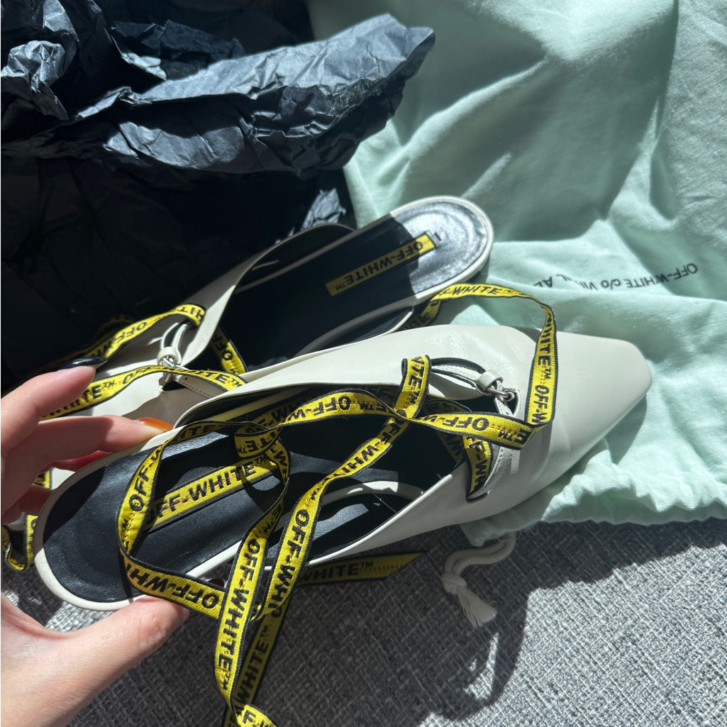 Off-White Cream Slingback Flats With Yellow Logo Straps